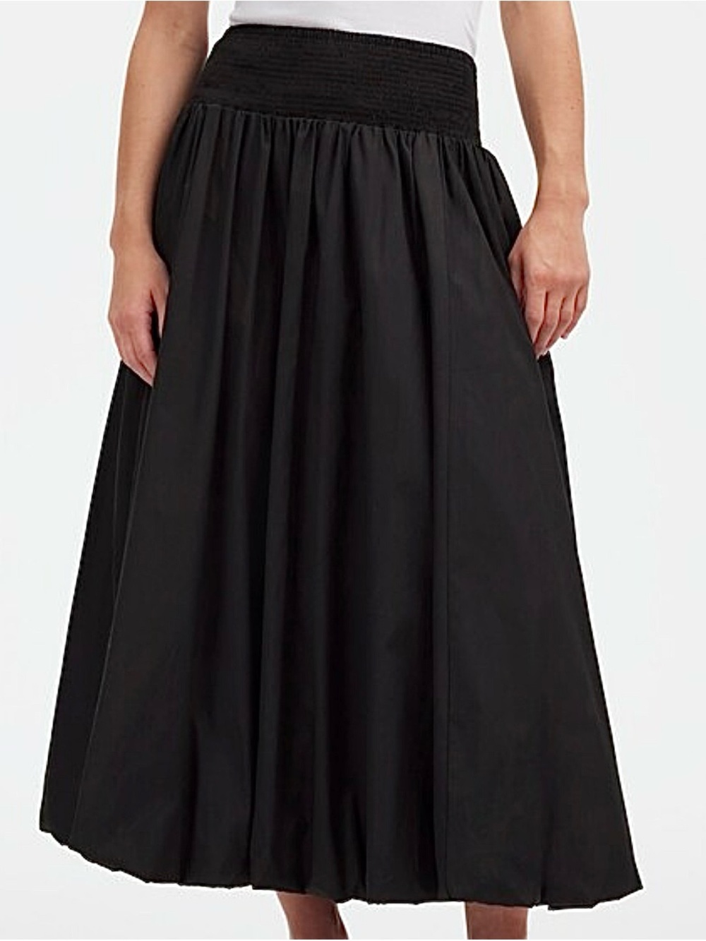 madewell poplin smocked waist bubble midi black skirt